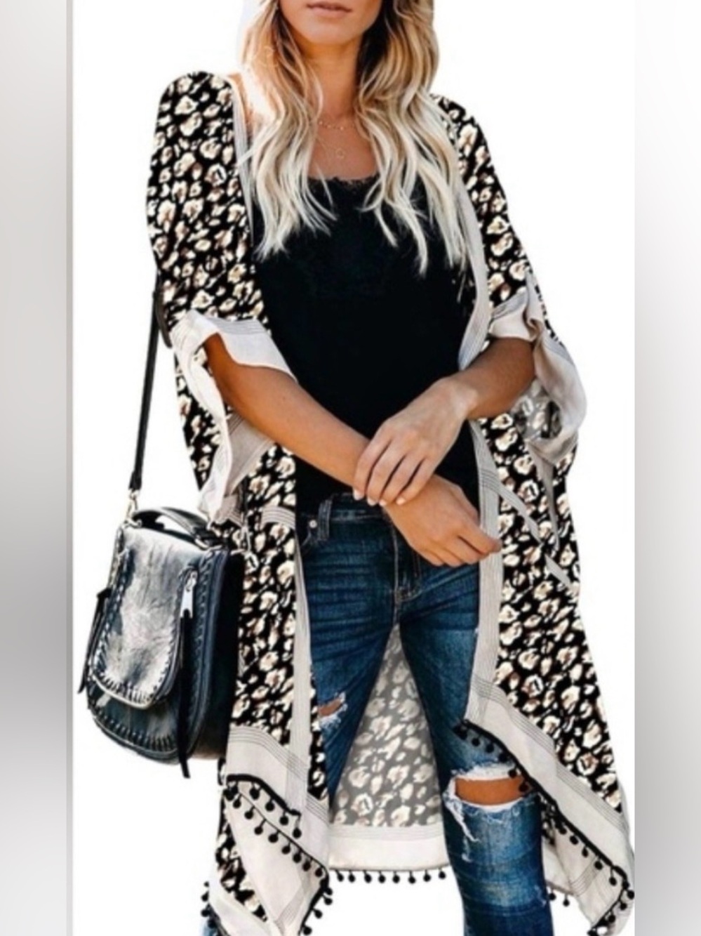 Black Leopard-Print Open Front Cardigan Kimono Duster with Cream Trim